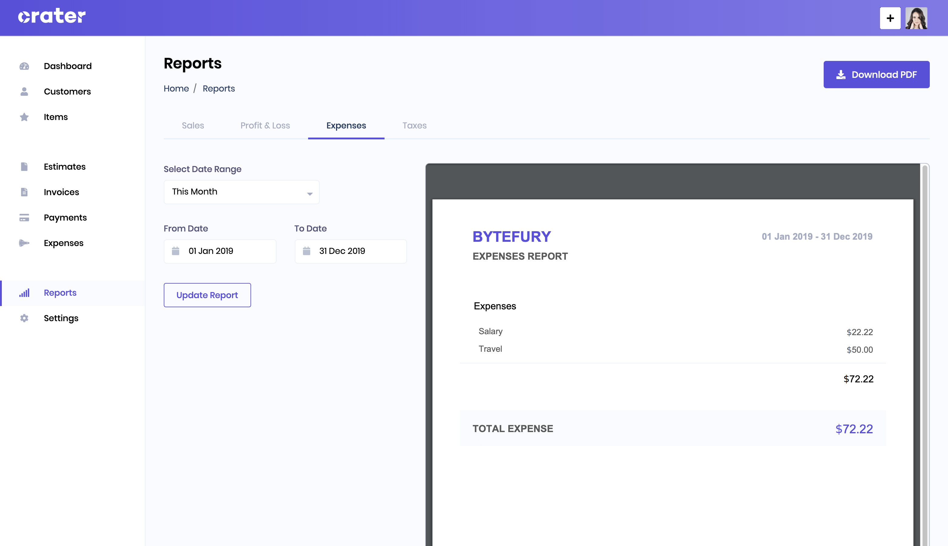 Expenses Report Page